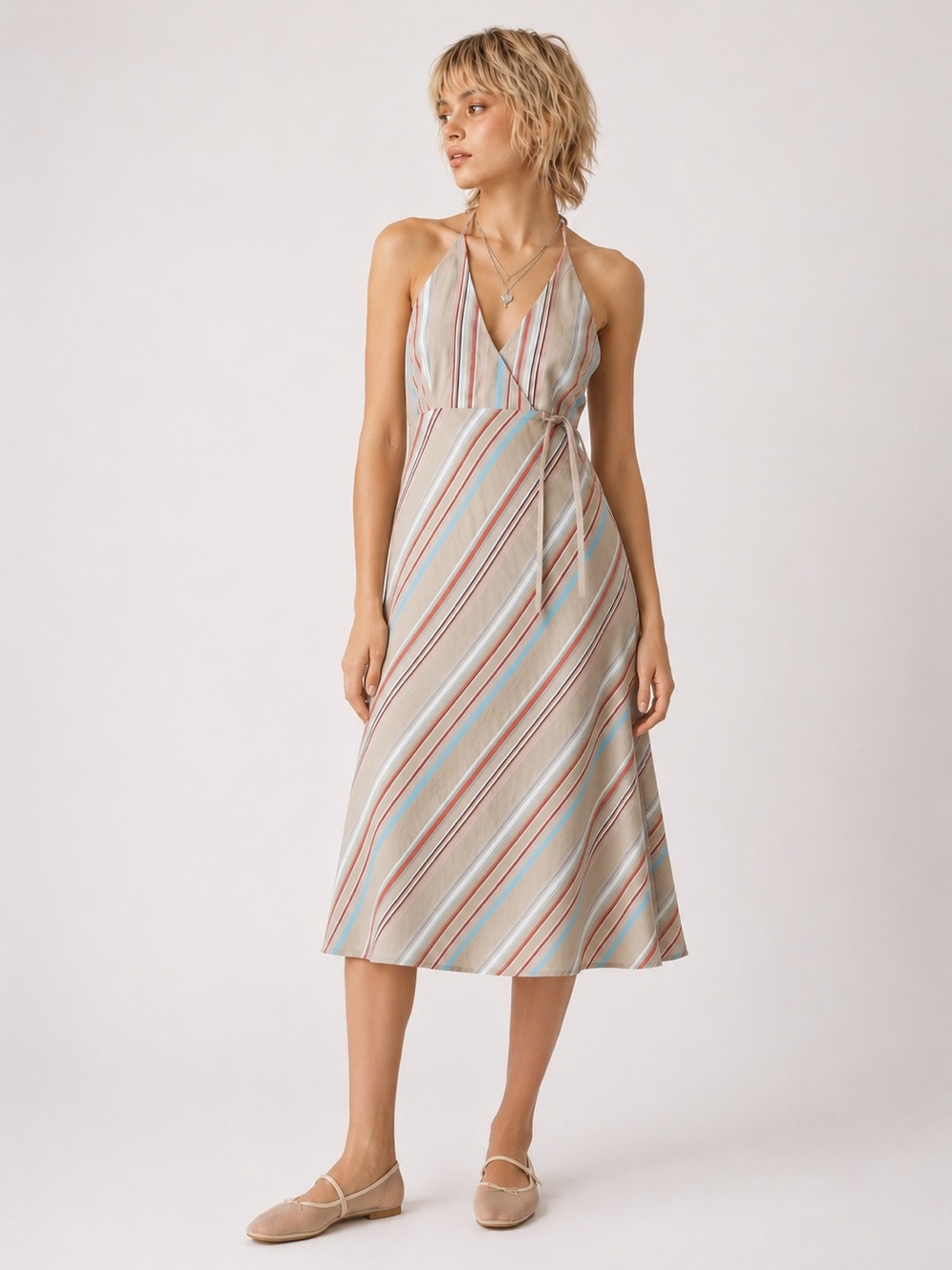 Striped Cotton Halter Midi Dress in Neutral & Pastel Stripes